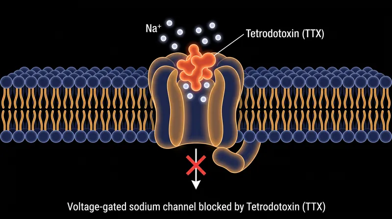 Tetrodotoxin acts as a molecular cork, physically plugging voltage-gated sodium channels to stop nerve signals.