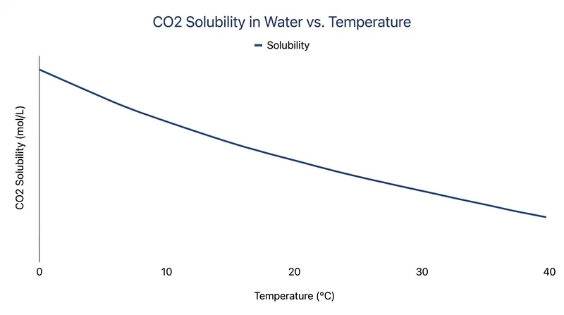 As temperature increases, the kinetic energy of the liquid forces dissolved carbon dioxide out of solution faster.