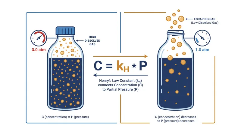 Henry's Law dictates that the concentration of dissolved gas is directly proportional to the pressure above the liquid.