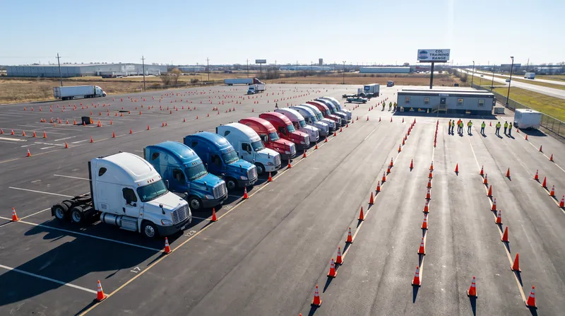 A line of commercial semi-trucks parked on an asphalt training range with orange traffic cones.