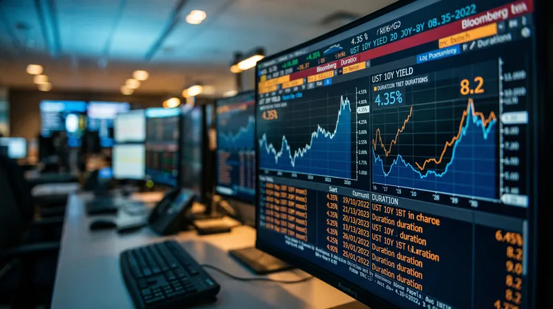 A close-up view of a financial trading terminal displaying bond yield curves and duration metrics.