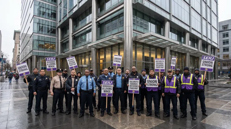 A diverse group of security guards holding union signs protest outside a modern tech office building.