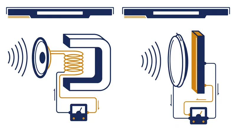 Dynamic microphones generate current via a moving coil, while condenser microphones measure changes in capacitance.