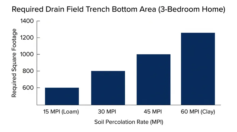As the soil percolation rate slows, the required trench bottom area increases geometrically.