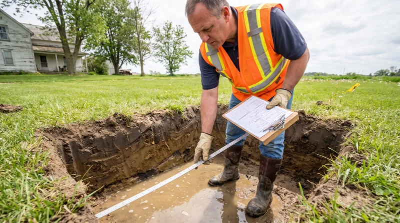 A county health inspector in a high-visibility vest measures the water level in a freshly dug rectangular soil test pit in a grassy yard.