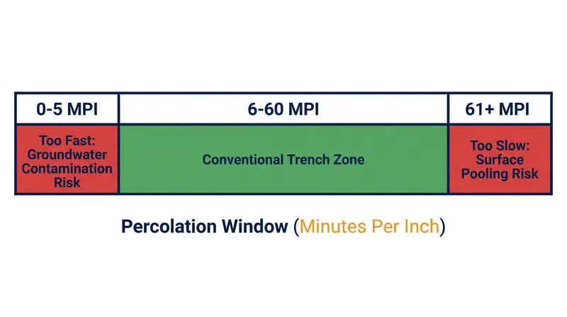 Conventional gravity drain fields require a specific soil drainage rate to properly filter pathogens.
