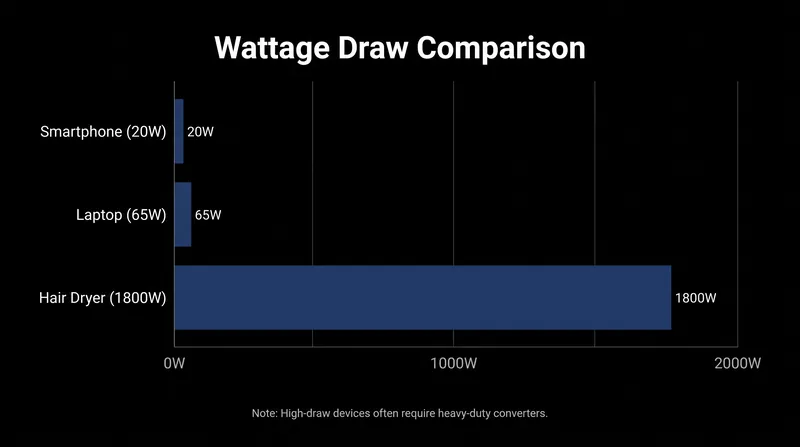Heat-generating appliances draw exponentially more wattage than consumer electronics, requiring heavy, specialized converters.