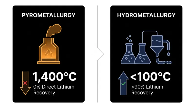 Hydrometallurgical leaching operates at a fraction of the temperature of smelting while recovering significantly more lithium.