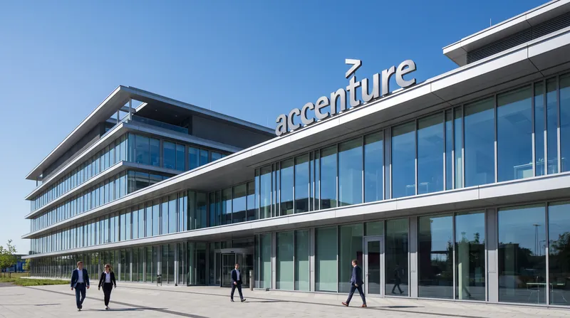 A modern corporate office building with the Accenture logo displayed on the exterior.