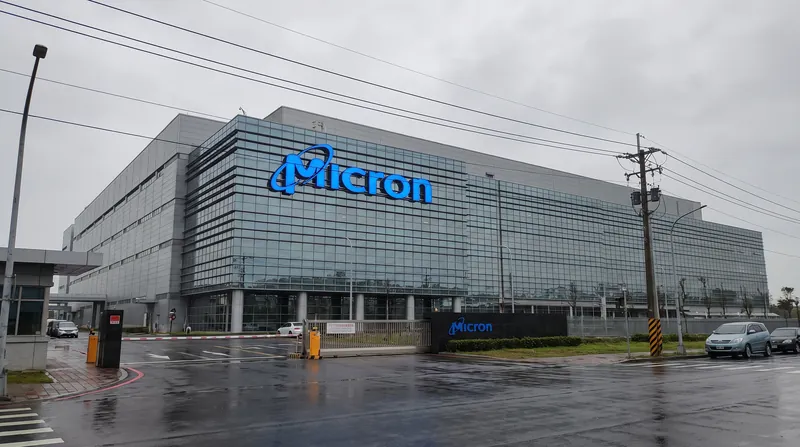 Exterior view of a Micron Technology semiconductor manufacturing facility in Taoyuan, Taiwan.