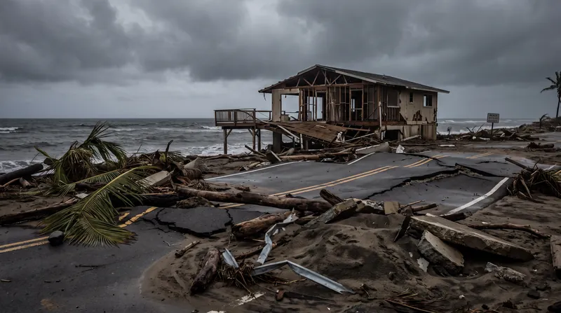 A buckled coastal road covered in sand and debris with a damaged beachfront house in the background.