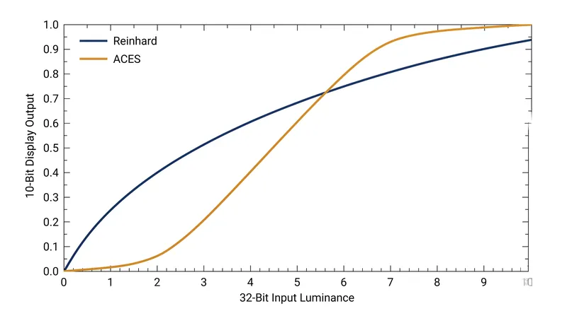 While both curves compress infinite light into a 1.0 limit, ACES maintains a steeper contrast ratio through the midtones.