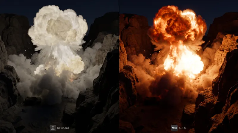 A split-screen comparison showing a bright explosion rendered with flat, washed-out colors on the left and rich, high-contrast colors on the right.