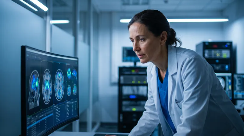 A medical researcher in a laboratory looking at functional brain imaging on a computer monitor.