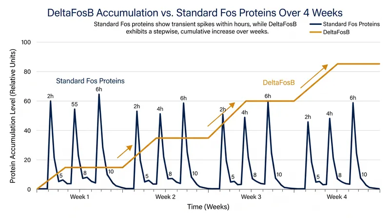 Unlike standard proteins that degrade in hours, ΔFosB accumulates with repeated exposure, creating a lasting molecular footprint.