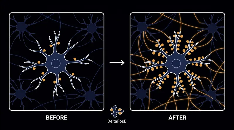 Accumulated ΔFosB triggers the growth of new dendritic spines, physically rewiring the brain to be hyper-sensitive to drug cues.