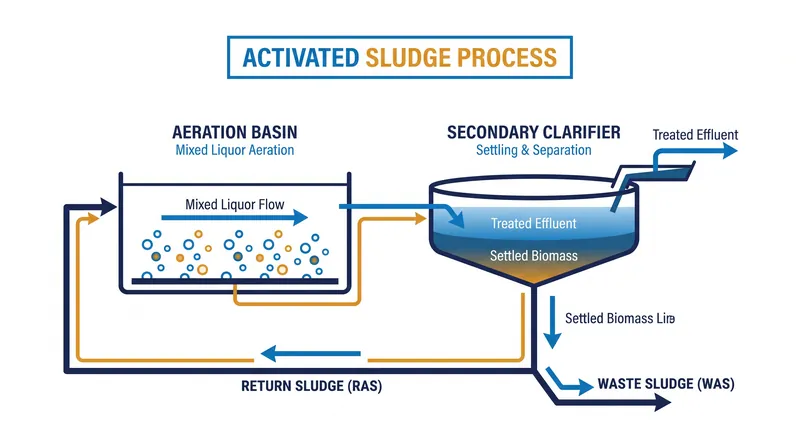 The activated sludge process cycles biomass through aeration, clarification, and return stages.