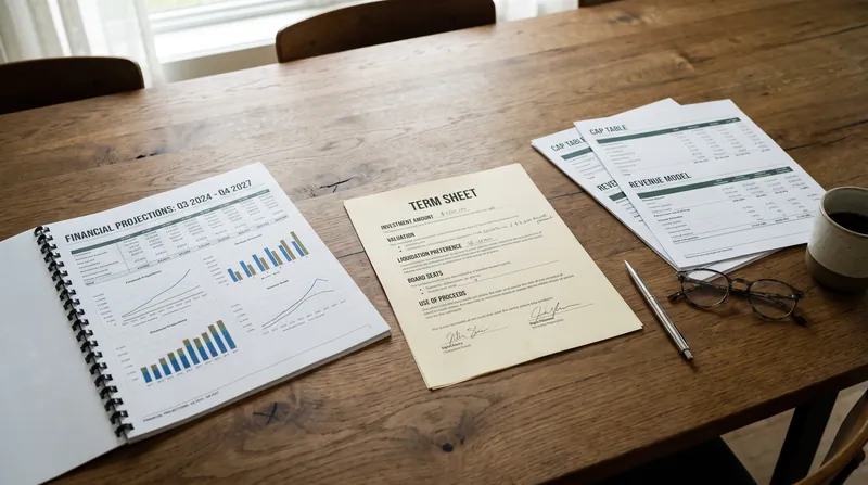 Top-down view of a venture capital term sheet and financial models on a wooden conference table.