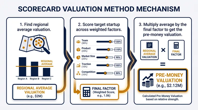 The three-step process for calculating a seed-stage valuation using the Scorecard Method.