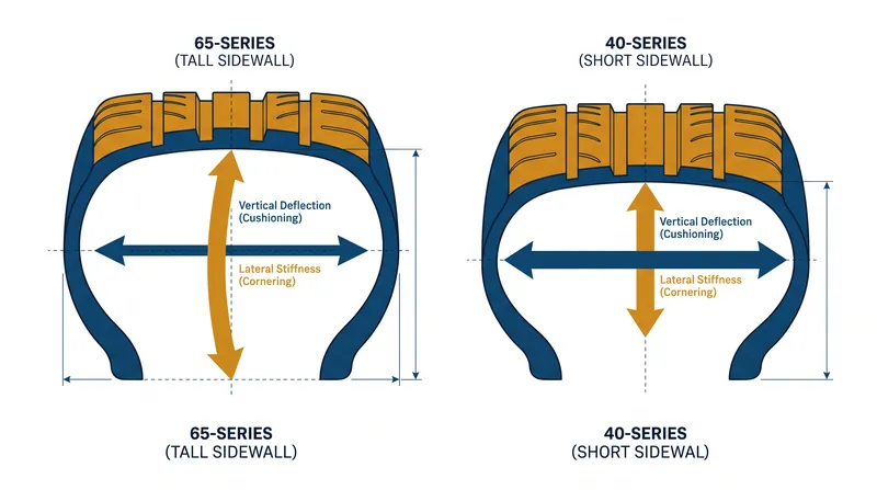 A taller sidewall provides more vertical deflection to absorb impacts, while a shorter sidewall resists lateral flex for sharper steering.