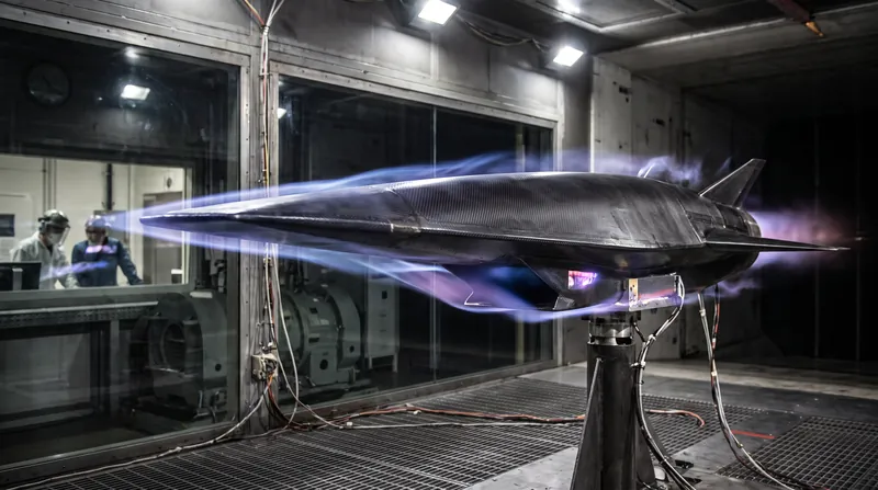 A wedge-shaped hypersonic test vehicle mounted in a wind tunnel, with glowing shockwaves forming at the nose.