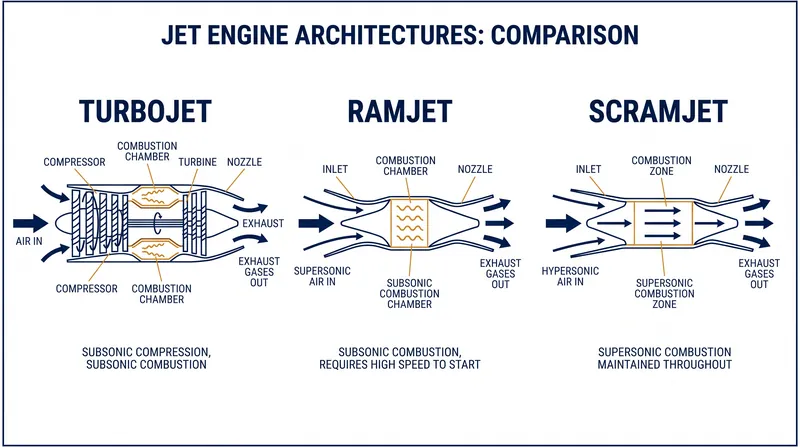 Unlike turbojets, scramjets eliminate moving parts, relying entirely on vehicle velocity and internal geometry to compress incoming air.