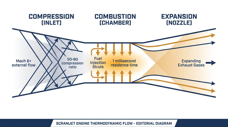 The three stages of a scramjet operate in a continuous supersonic flow, requiring precise shockwave management to prevent engine unstarts.