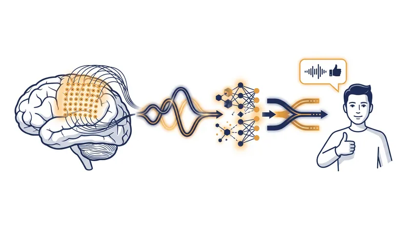 The high-density ECoG implant captures distinct neural patterns for speech and movement, which AI decoders translate into avatar animations.