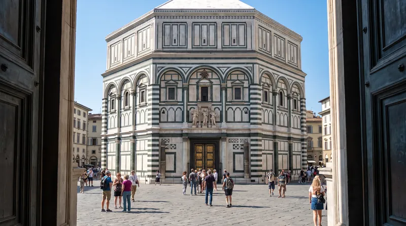 The octagonal marble facade of the Florence Baptistery under a clear blue sky.