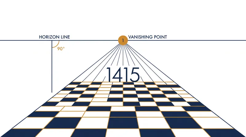 The three essential components of linear perspective: the horizon line, the vanishing point, and converging orthogonals.