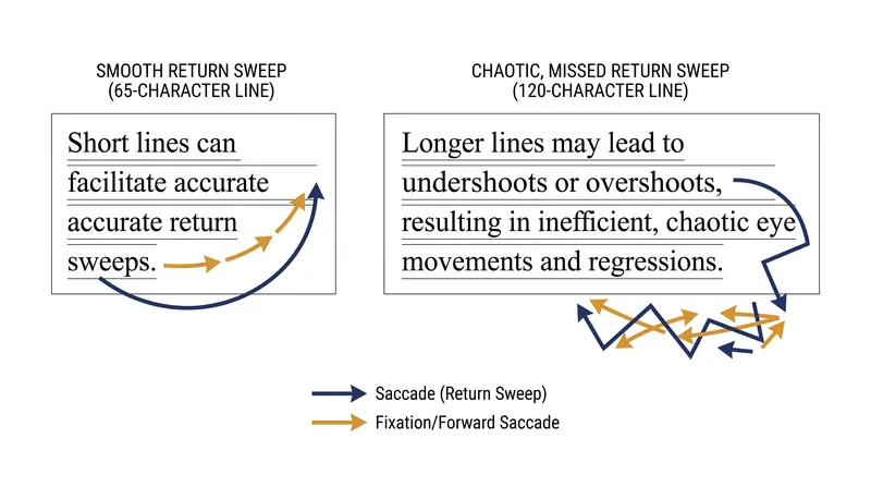 Long lines cause 'line doubling,' where the eye loses its vertical anchor during the return sweep to the left margin.