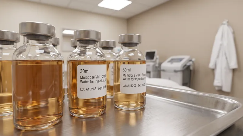 Several small glass medical vials sitting on a sterile stainless steel tray in a clinic.