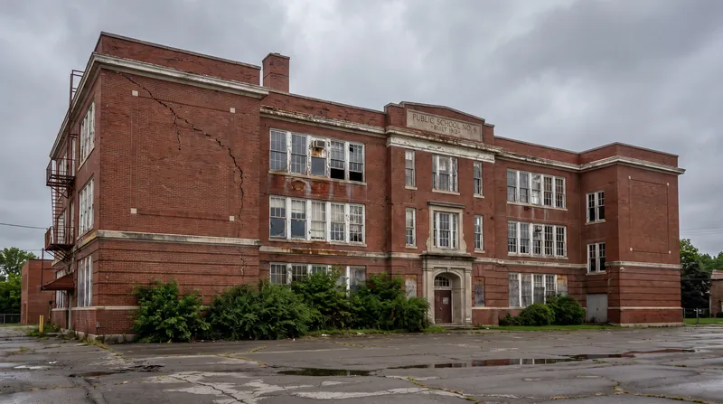 An aging brick school building with visible wear on the exterior under an overcast sky.