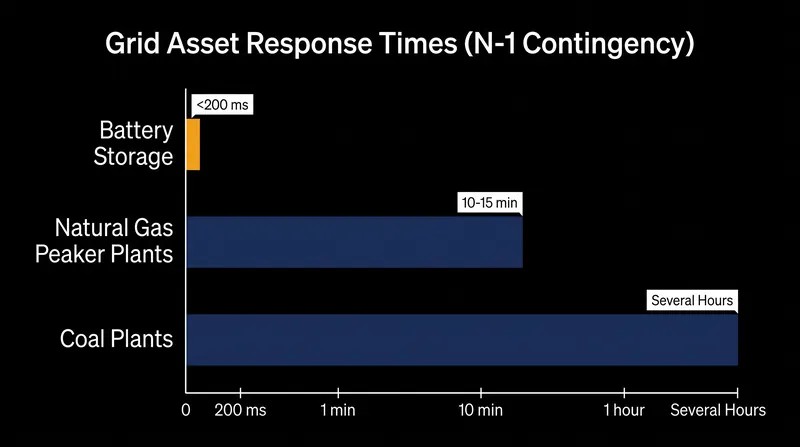 Battery storage systems can respond to grid contingencies orders of magnitude faster than thermal power plants.
