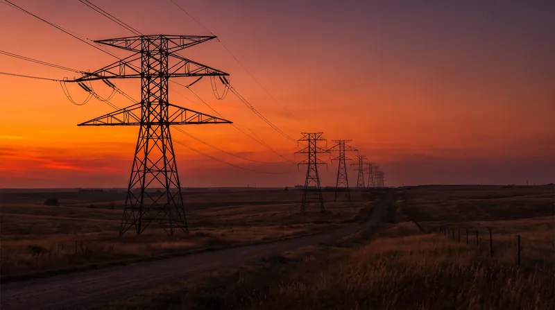 High-voltage transmission towers silhouetted against a sunset sky, representing the physical infrastructure of the power grid.