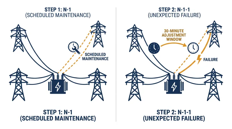 Planners must also model N-1-1 scenarios, where a second failure occurs while a component is already offline for maintenance.