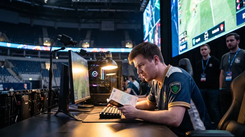 A professional esports athlete sitting at a gaming setup in a stadium, looking at a passport.