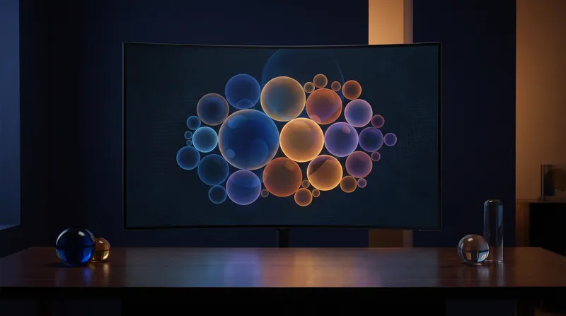 Abstract digital illustration of glowing, overlapping translucent circles of varying sizes on a dark background.