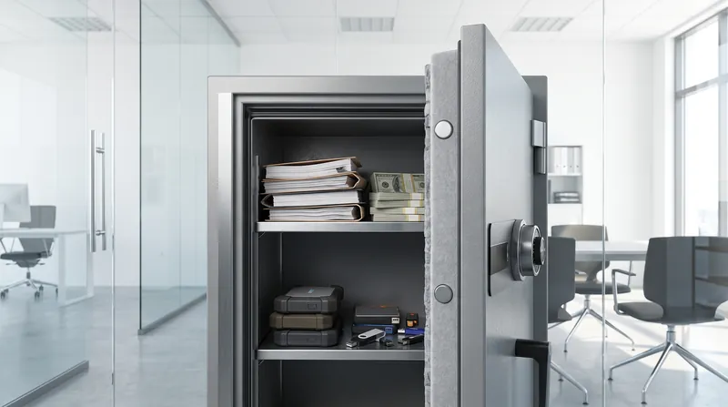 An open heavy-duty fire safe in an office, containing paper documents on one shelf and digital hard drives on another.
