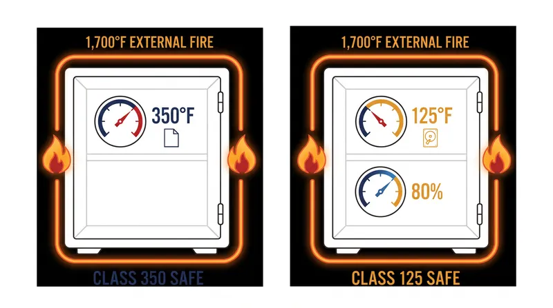Class 125 safes must maintain an environment 225 degrees cooler than Class 350 safes during the same 1,700°F furnace test.