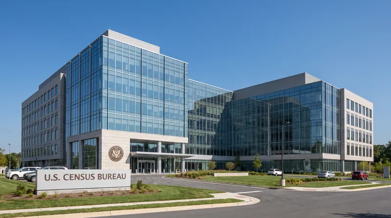 The exterior of the United States Census Bureau headquarters building on a sunny day.