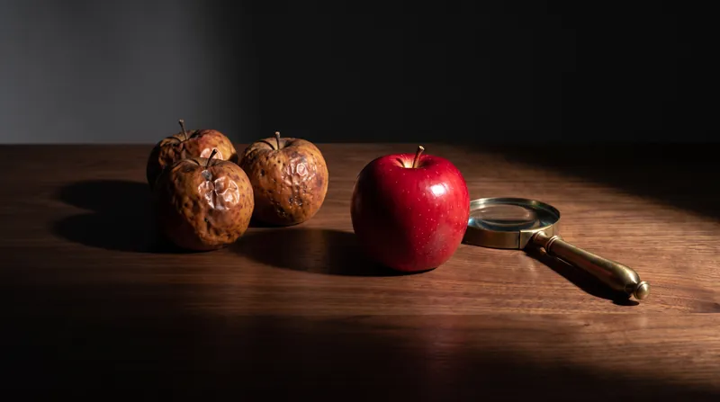 A pristine red apple sits next to three rotting apples on a table, viewed through a magnifying glass.