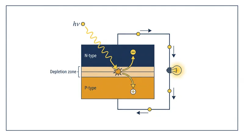 The built-in electric field forces the electron to travel through an external circuit to recombine, generating electrical current.