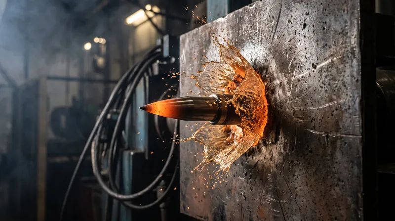 A high-speed macro photograph showing a metal dart striking a thick steel plate, causing a hydrodynamic splash of material.