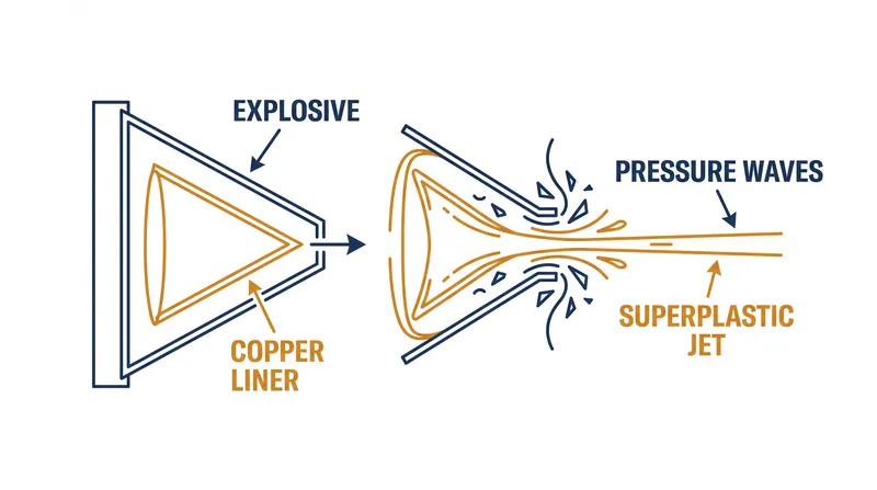 A shaped charge focuses explosive energy to collapse a metal liner into a hypervelocity jet.