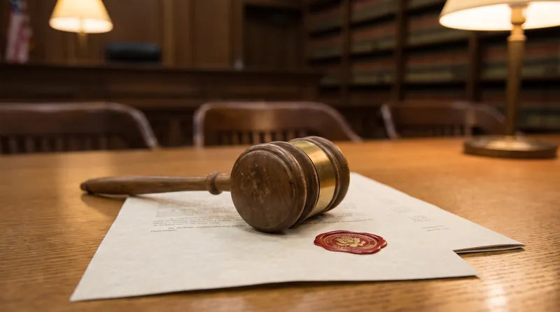 A wooden judge's gavel resting on a formal legal document with a gold seal.
