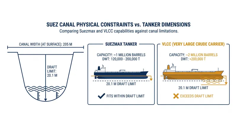 How the canal's 20.1-meter draft limit caps vessel capacity at roughly 1 million barrels.