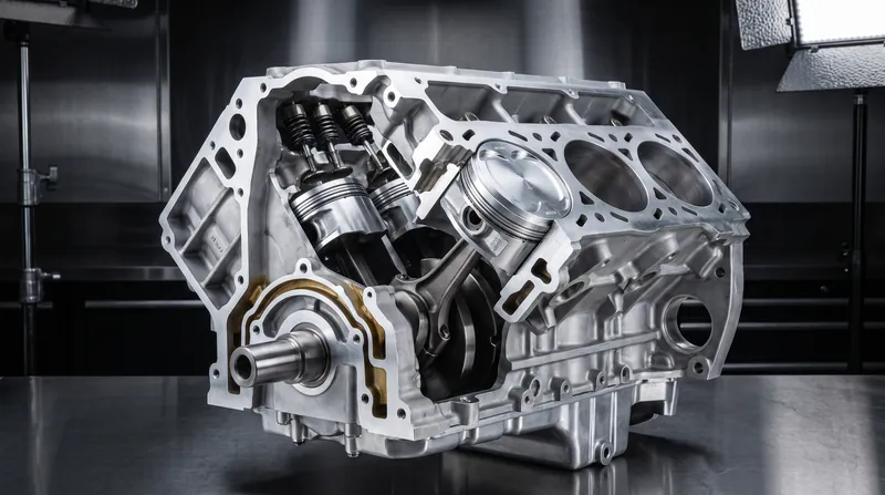 A cutaway view of a high-performance V8 engine block revealing the internal pistons and cylinders.