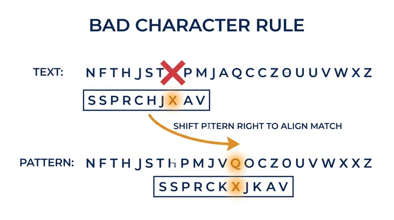 The Bad Character rule shifts the search pattern until the mismatched text character aligns with its rightmost occurrence in the pattern.