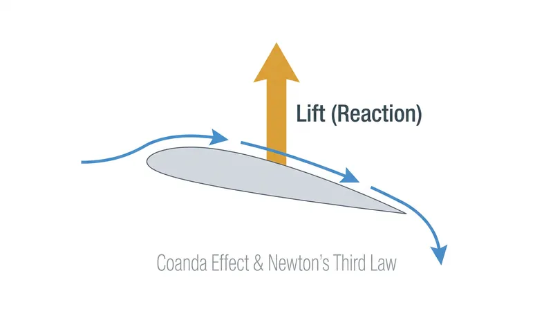 By bending the airflow downward over the curved surface, the wing creates an equal and opposite upward reaction.